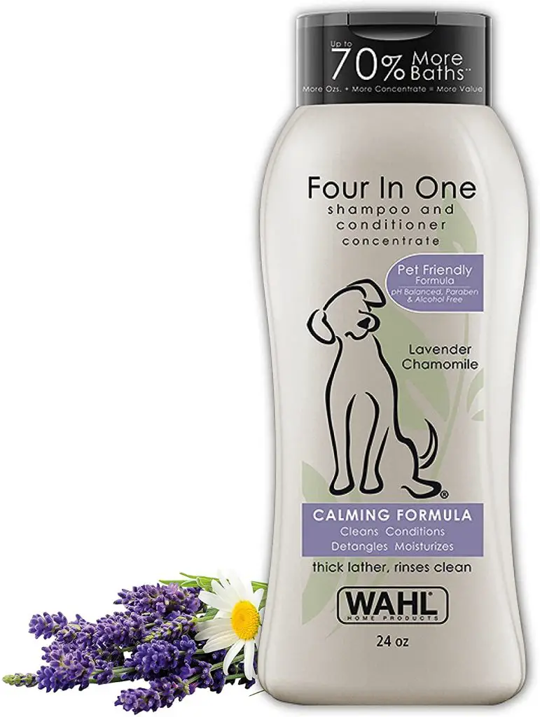 Wahl 4-In-1 Calming Pet Shampoo – Cleans, Conditions, Detangles, & Moisturizes with Lavender Chamomile -10-Long-Lasting-Best-Smelling-Dog-Shampoo-2021